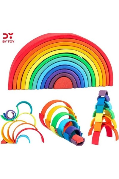 Generic Brand لعبة أقواس خشبية ملونة(مونتيسوري) Wooden Rainbow Stacking Toy (...