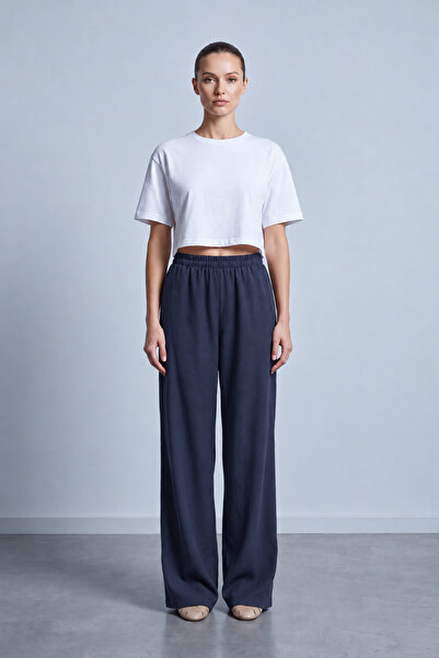 Puane Women's Navy Blue Elastic Waist Wide Leg Pants 18278