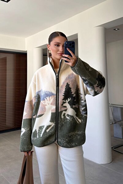 manoire Geyikli Manzara Desenli Full Fermuarlı Polar Sweatshirt Hırka