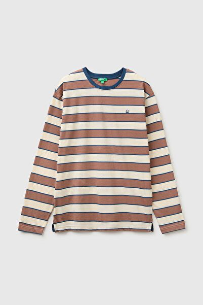 United Colors of Benetton Boys' brown mix logo embroidered striped long sleev...