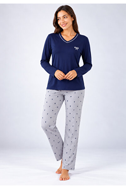 Serena Women's navy blue long-sleeved pajamas and gray long pants with bows