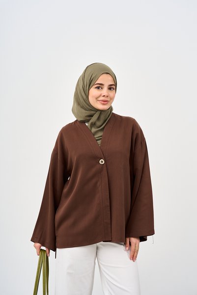 LOCCO Women's V-Neck Single Button Cardigan Brown