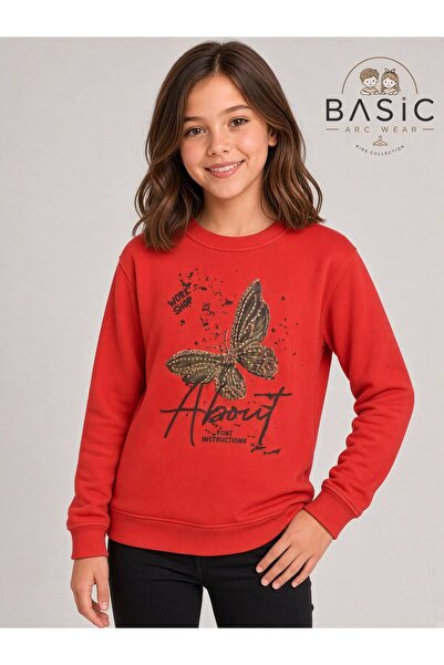 Kız Çocuk Sweatshirt Kelebek Baskılı Taşlı Pudra Pembesi ve Kırmızı