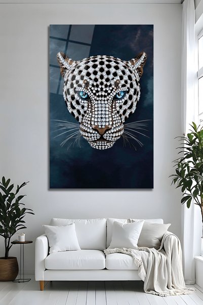 Parıltı Yayınları Kristal Taşlı Leopar Yüzü Cam Tablo Luxury Modern Duvar Dekoru