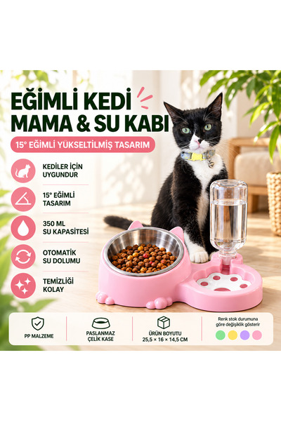 Otomatik Sulu 15° Eğimli Kedi ve Küçük Irk Köpek Mama Kabı – 350 ml Çelik Kaseli