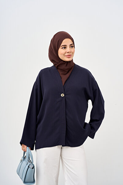 LOCCO Women's V-Neck Single Button Cardigan Navy Blue