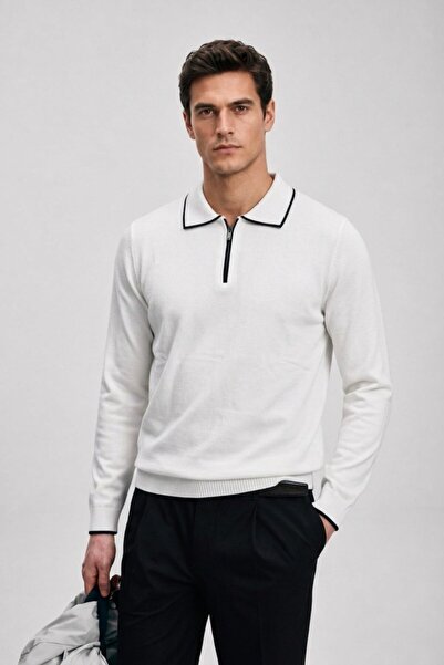 Maccali Men's Striped Knitwear Casual White Polo Collar Sweater