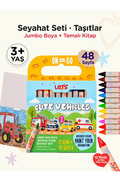 Lets Mum Boya Seyahat Seti – 12 Renk + Boyama Kitabı Taşıtlar Temalı | Let's