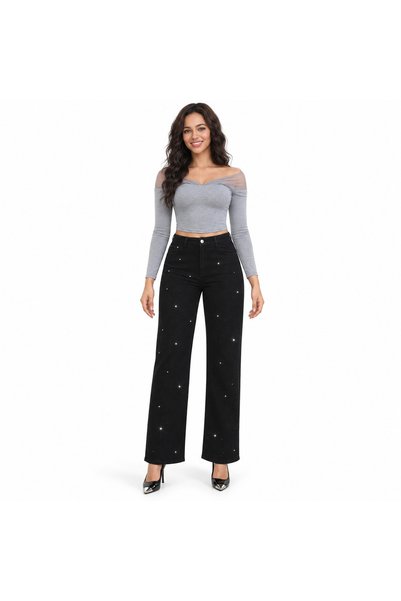 Adoro Miss Good Γυναικείο Τζιν Παντελόνι Ψηλόμεσο Wide Leg με Στρας Μαύρο