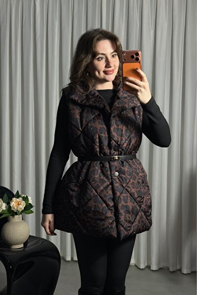 MaziButik Taşlı Leopar Desen Şişme Yelek