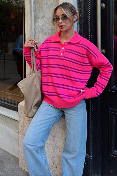 Swist Pink Double Striped Polo Collar Buttoned Low Sleeve Women's Knitwear Sw...