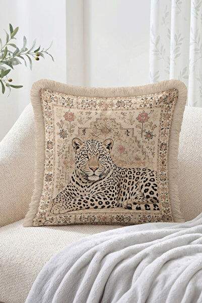 Realhomes Leopard Figured Floral Vintage Patterned Fringed-Tasseled Throw Pil...