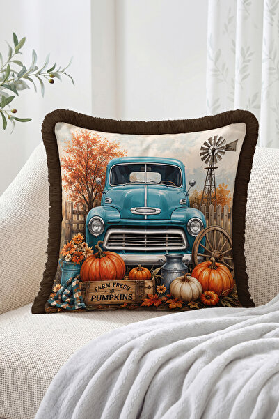 Realhomes Vintage Pickup Truck, Pumpkin and Farm Pattern Fringe-Tassel Throw ...