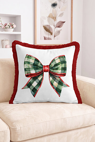 Realhomes Green Checkered Bow Patterned Fringed-Tasseled Throw Pillow Cover