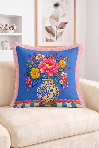 Realhomes Colorful Flower Bouquet and Decorative Vase Patterned Fringed-Tasse...