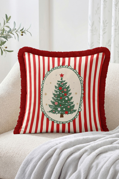 Realhomes Christmas Pine Tree Motif Red and White Striped Fringed-Tasseled Th...
