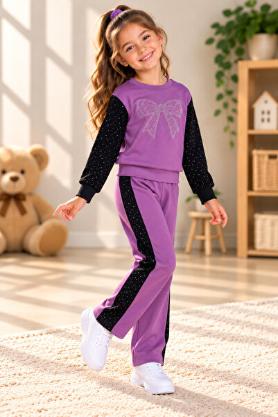 SERPİL Girls' Bowknot Tracksuit Set with Sequin Print Sweatshirt and Comforta...