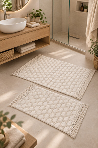 Çeyiz Diyarı Stone 100% Cotton 2-Piece Bath Mat Set 60X90 cm - 40X60 cm Ecru
