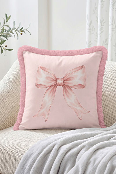 Realhomes Pink Bow Patterned Romantic Fringed-Tasseled Throw Pillow Cover