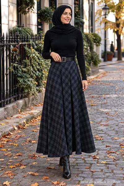 hafsamina Kemerli Mevlana Model Ekose Etek Füme HM2874