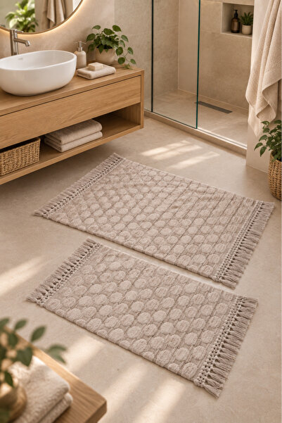 Çeyiz Diyarı Stone 100% Cotton 2-Piece Bath Mat Set 60X90 cm - 40X60 cm Beige