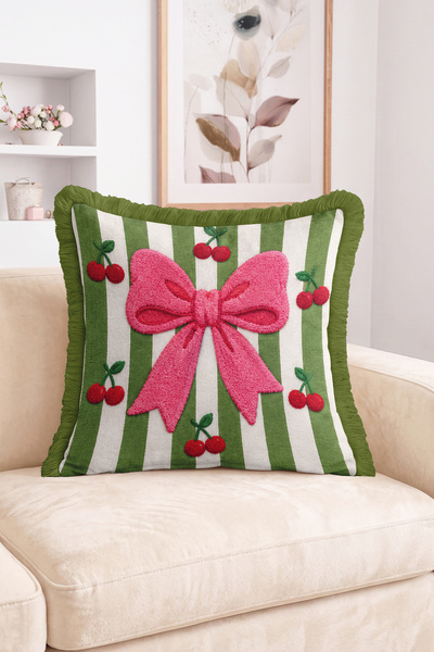 Realhomes Pink Bow and Cherry Motif Green and White Striped Decorative Fringe...