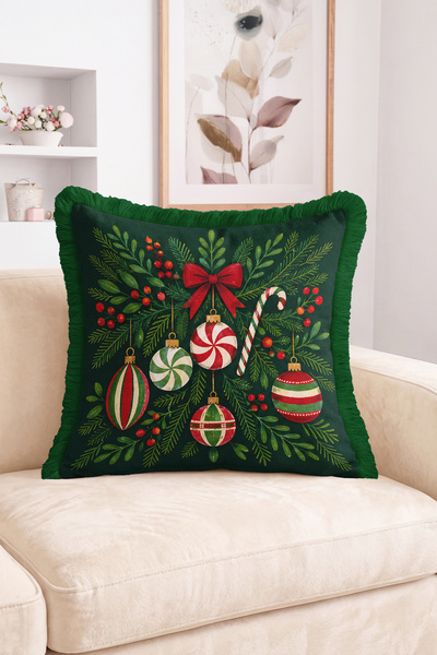 Realhomes Christmas Pine Branch, Red Bow and Ornament Pattern Fringed-Tassele...