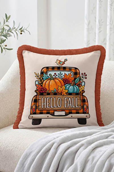 Realhomes Hello Fall Written Pumpkin Truck Patterned Fringed-Tasseled Throw P...