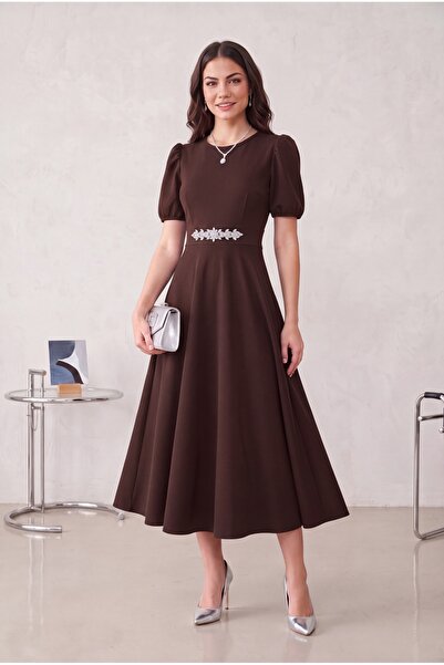 ALFUDO Moda Collection Βραδινό φόρεμα αποφοίτησης με μανίκια καρπούζι, καφέ μ...