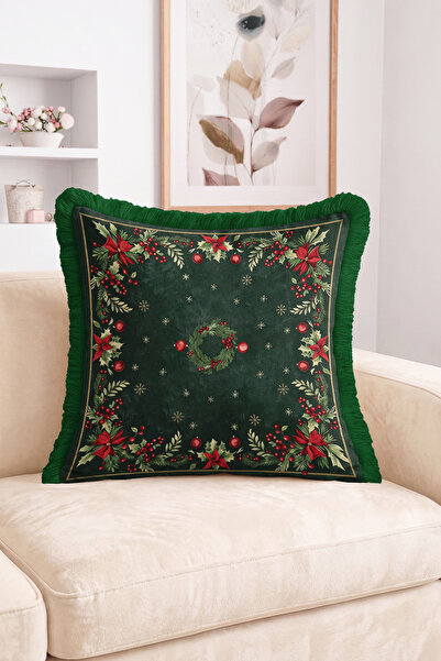 Realhomes Decorative Fringed-Tasseled Throw Pillow Cover with New Year Wreath...