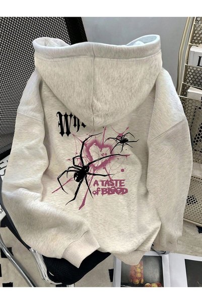 Gri Oversize Kapüşonlu Sweatshirt Pamuklu Baskılı Kadın / Kız
