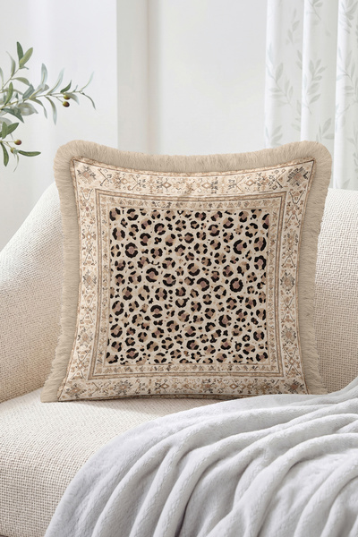 Realhomes Leopard Patterned Ethnic Geometric Border Fringed-Tasseled Throw Pi...