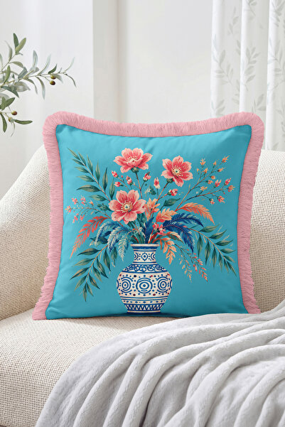 Realhomes Turquoise Background Flower and Leaf Pattern Fringed-Tasseled Throw...