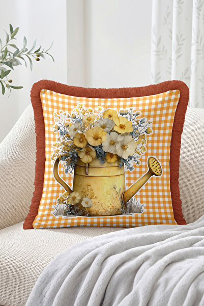 Realhomes Floral Watering Can and Gingham Patterned Fringed-Tasseled Throw Pi...