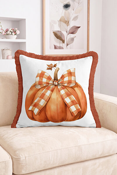 Realhomes Fall Pumpkin Plaid Bow Pattern Fringe-Tassel Throw Pillow Cover