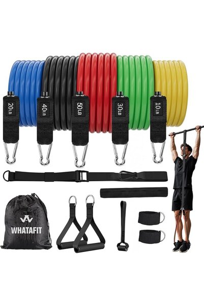 WHATAFIT مجموعة أربطة مقاومة (11 قطعة)، أربطة تمارين مع مثبت للباب، مقابض، حق...