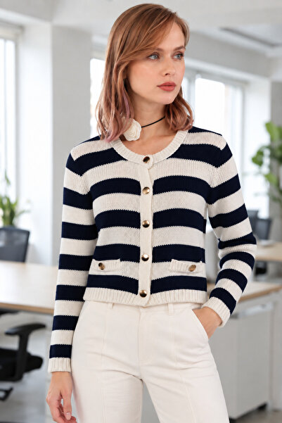 Rich Women's Striped Navy Blue-White Knitwear Cardigan