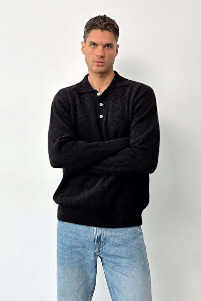 JB John Borners Men's Polo Collar Buttoned Bearded Knitwear Sweater Black - 2679