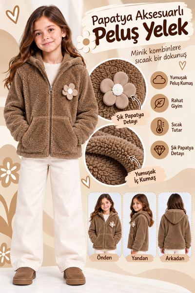 AHENGİM Girl's Hooded Zippered Plush Cardigan Coat with Floral Detail and Pockets, Soft and Warm Ak4123