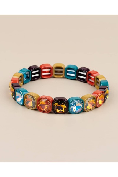 Portakal Esintisi Square Crystal Stone Porcelain Coated Elastic Bracelet
