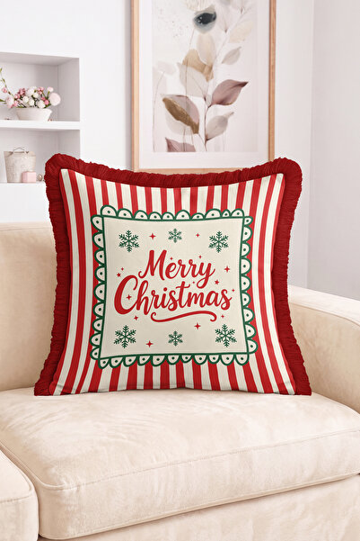 Realhomes Merry Christmas Written Red and White Striped Snowflake Fringed-Tas...