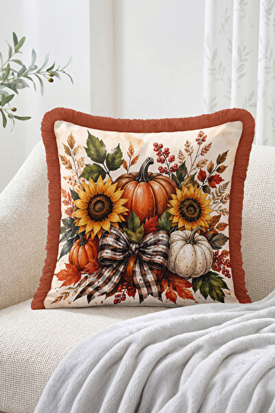 Realhomes Fall Pumpkin Sunflower and Plaid Bow Pattern Throw Pillow Cover wit...
