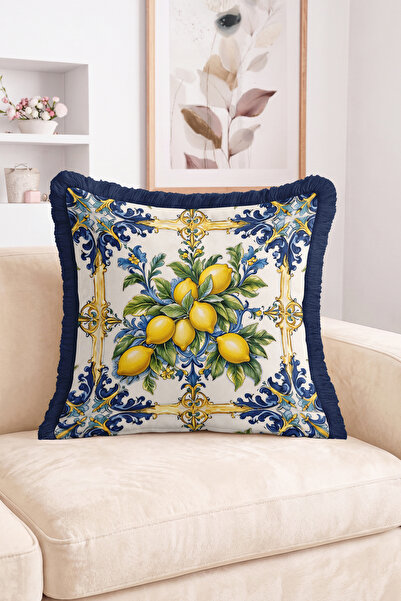 Realhomes Mediterranean Lemon Motif Blue Gold Tile Patterned Fringed-Tasseled...