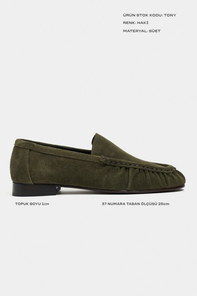NİŞANTAŞI SHOES Tony Khaki Suede Leather Saddler Drawstring Detail Flat Sole Women's Loafer