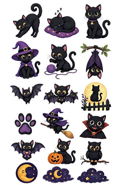 3DREKLAM 46-Piece Cat Sticker Set Black Cat Pumpkin Autumn Themed Decorative Sticker Set – Notebook, Phone, Laptop