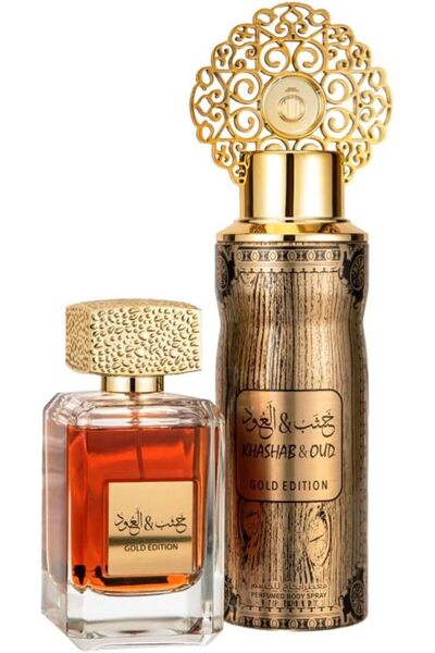 Arabiyat مجموعة هدايا عطر خشب العود الذهبي للجنسين، ماء عطر، 100 مل + مزيل عر...