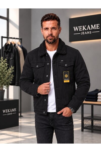 WKM Men's Casual Regular Fit Fur Lined Denim Jacket