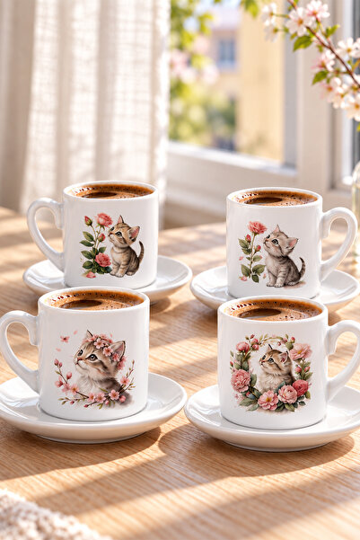 giftkonsept 4-Piece Turkish Coffee Cup Set with Floral and Cute Cat Patterns