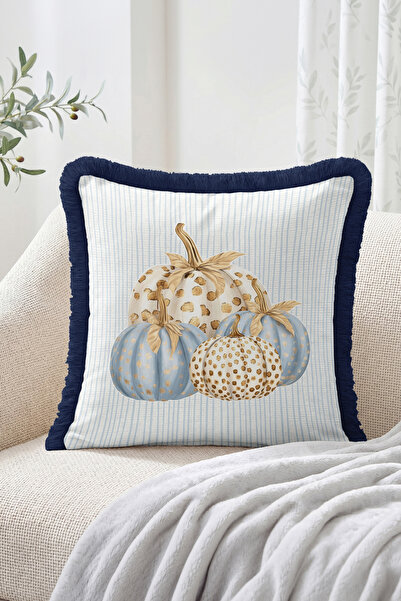 Realhomes Decorative Pumpkin Figured Blue Striped Fringed-Tasseled Throw Pill...