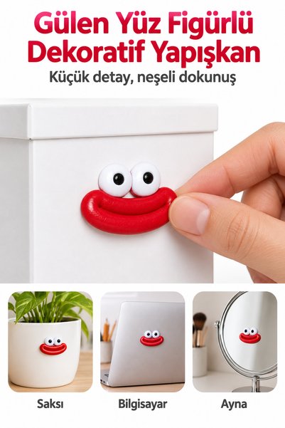 ARVALE 1 ADET Gülen Yüz Figürlü Dekoratif Yapışkan – Terlik, Saksı, Ayna ve L...
